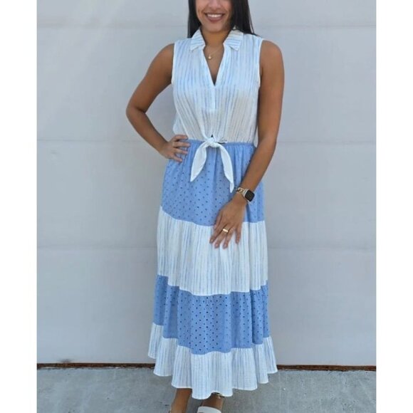 Mystree Womens Sleeveless Striped & Eyelet Maxi Dress S 100% Cotton Blue/White, - Picture 12 of 12